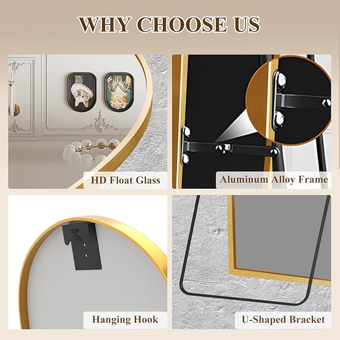57"x20" Full Length Mirror with Stand, Shatterproof Arched Floor Mirror, Aluminum Alloy Thin Frame - Freestanding/Leaning/Wall Mount for Bedroom, Living Room & Entryway (Gold)