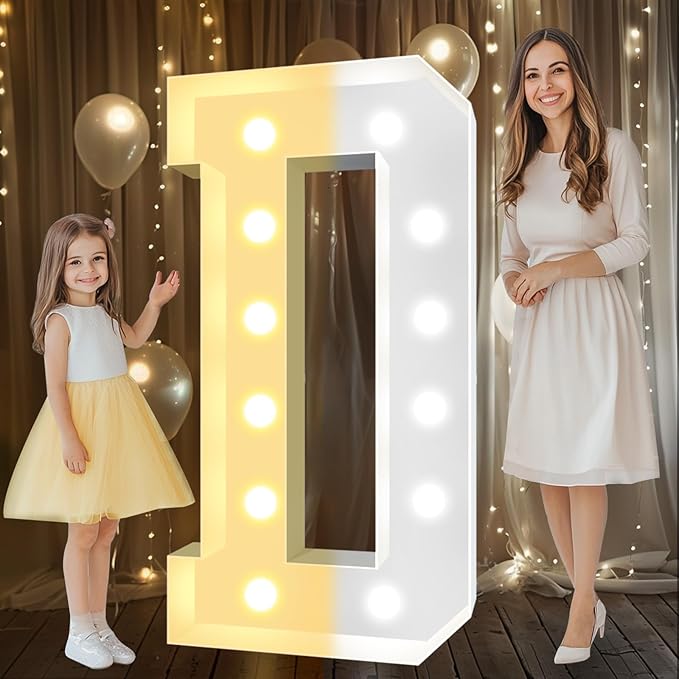 Pooqla 4 FT Marquee Light Up Letters, Cool White and Warm White Marquee Letter 4 Feet Tall, Giant LED Sign Big Mosaic Letter D for Balloons Birthday Party Anniversary Wedding Decorations