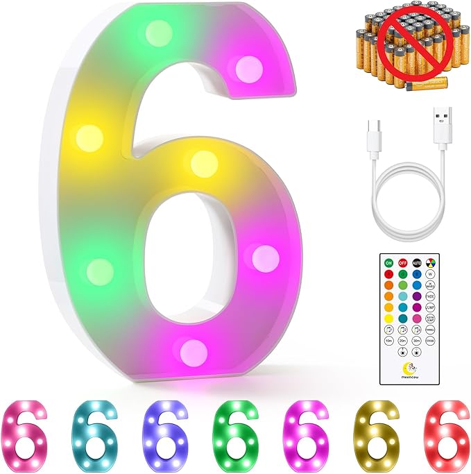mooncow Rechargeable Light Up Letters,Colorful Marquee Letters with Remote,Gift Wrap Gifts,Bedroom Home Bar Party Decor (6)