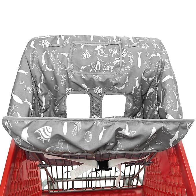 2-in-1 Shopping Cart and High Chair Cover for Baby, Padded Cover, Fold'n Roll Style, Portable with Carry Bag (Gray Seaworld)