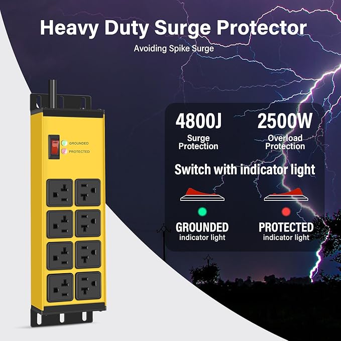CCCEI 2PCS Heavy Duty Power Strip Surge Protector 20 AMP, 8 Outlets 12 Gauge Shop Garage Metal Multiple Outlets, 15 FT Extension Cord 5-15P Adapter High Amp 6-20R T-Slot 20a for Appliance Yellow.