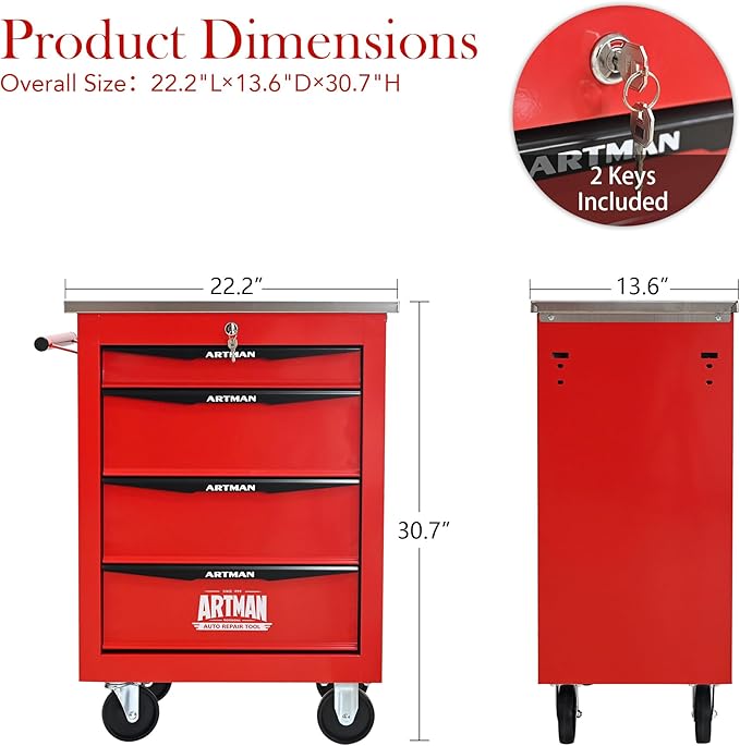 4 Drawer Rolling Tool Chest with Locker, 22.2" D Metal Movable Lockable Tool Cart Box Multi-Functional Hardware Storage Cabinet Box for Warehouse Basement Home Pantry Garage
