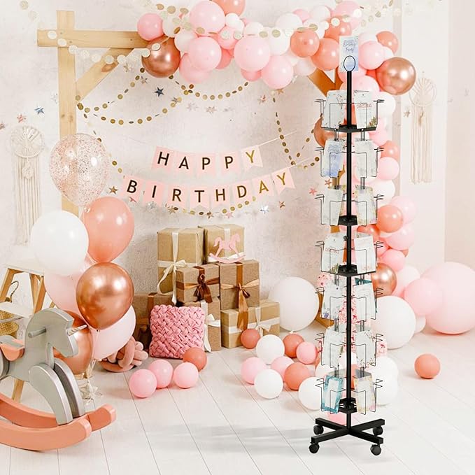 TONGMO 7-Tier Greeting Card Display Rack: 28-Pocket Rotating Countertop Stand for Postcards, Brochures, and Greeting Cards (White, 68.9”H)