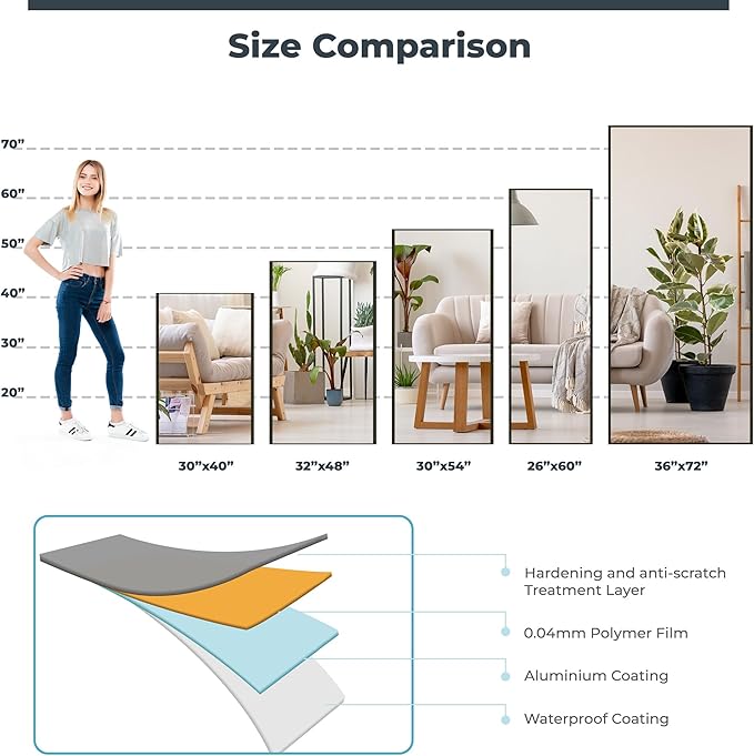 Glassless Large Mirror Shatterproof Unbreakable Wall Mirror for Gym, Dance Studio, Home Workout Room – 0.04mm Nano Film – Black 26" x 60"