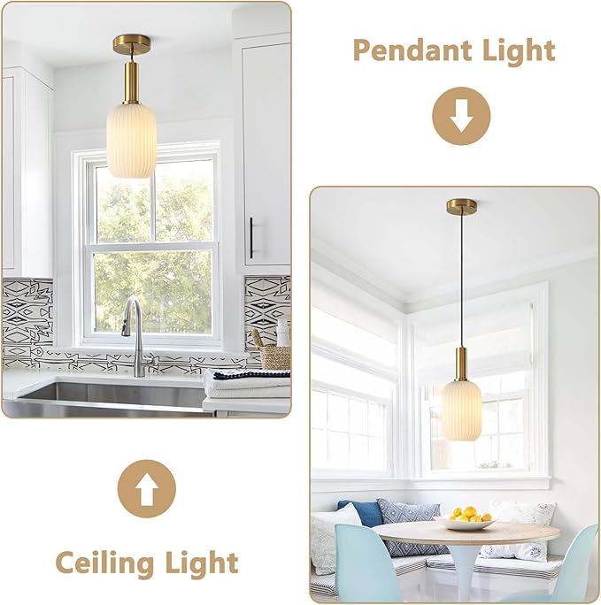 KCO Lighting Modern White Ribbed Pendant Light Small 1-Light Milk Glass Kitchen Lighting Fixtures Ceiling Mount Mid Century Frosted Globe Pendant Light Single Brushed Gold Hanging Lighting, 13cm