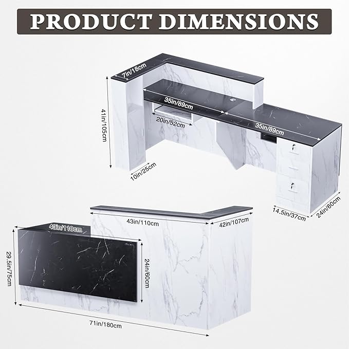 L-Shaped Modern Reception Desk with Counter & Storage - 71"/84" Large Office Front Desk, Salon Checkout Counter with Lockable Cabinets, Shelves & Drawers (Black & White, Left - 71''L x 34''W x 41''H)