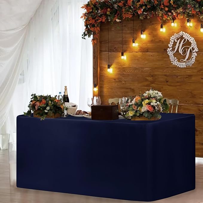 HolidayIdeas 2 Pack Fitted Table Clothes - 48 x 24 Inch - Navy Rectangle Tablecloths for 4 Foot Tables, Polyester Fabric Table Covers for Parties, Holiday Dinner, Wedding, Trade Show