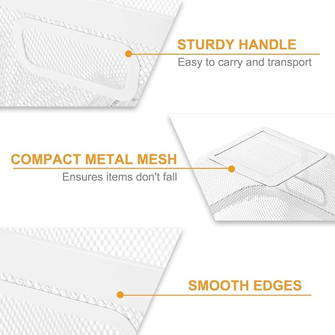 4 Pack Metal Mesh Basket with Hollow Handles White Wire Storage Bin for Organizing Stackable Metal Fine Mesh Basket for Pantry Bathroom Kitchen Cabinets Shelves (Medium)