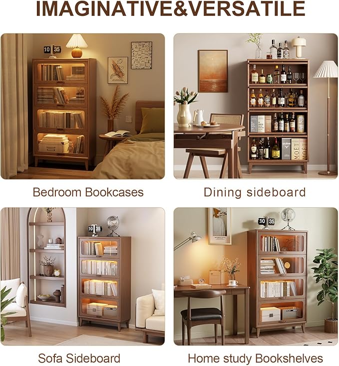 Solid Wood Book Case 4Tier Bookshelves with Tempered Glass Flip-Up Doors Brown Finish Adjustable laminate, Bookshelf Versatile Pantry Cabinet with Storage Home Office (Original Wood D14xW32xH60")