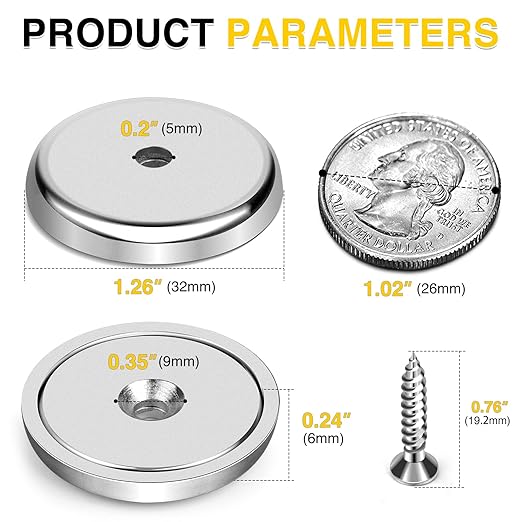 DIYMAG Neodymium Round Base Cup Magnet Strong Rare Earth Magnets with Heavy Duty Countersunk Hole and Stainless Screws for Refrigerator Magnetic Office Etc 1.26 Inch-Pack of 4 Silver