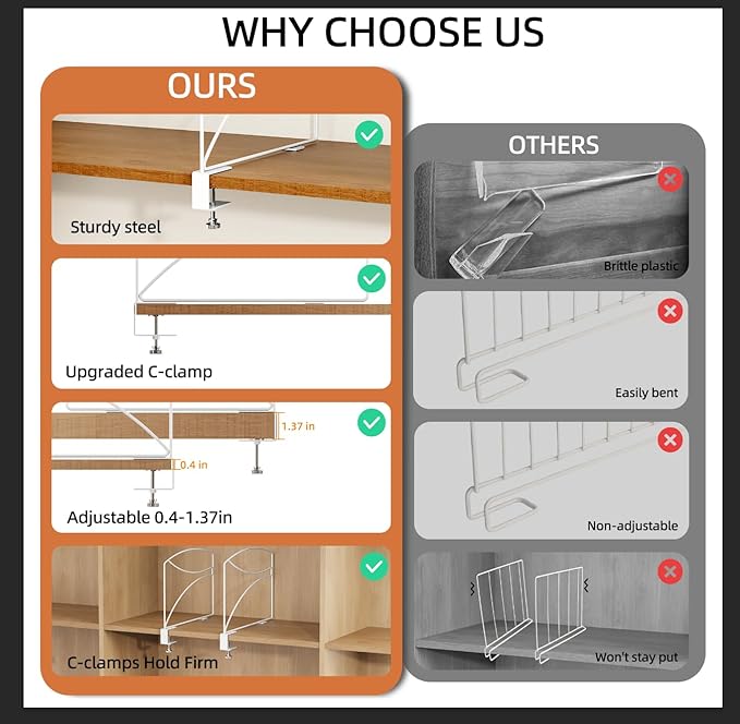 8-Piece Wire Shelf Dividers for Closet Organization, Upgraded C-Clips Adjustable Metal Shelf Dividers Suitable For Bedrooms & Kitchens, Storage Helper for Handbag Sweater Shirt Ankle Boots, White