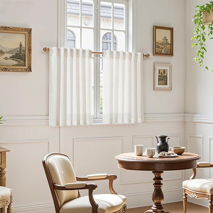 Nanspring Cafe Curtains 36 Inch Length Cream Kitchen Linen Semi Sheer Curtains Light Filtering Small Window Back Tab and Rod Pocket Rustic Farmhouse Curtain for Basement 29 x 36 Inch, 2 Panels