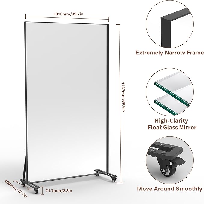 ANYHI Full Length Mirror with Wheels, 360° Swivel Full Body Rolling Mirror, 39.7"*69.5" Sturdy Standing Floor Mirror for Home Gym, Bedroom, Yoga & Dance Studio