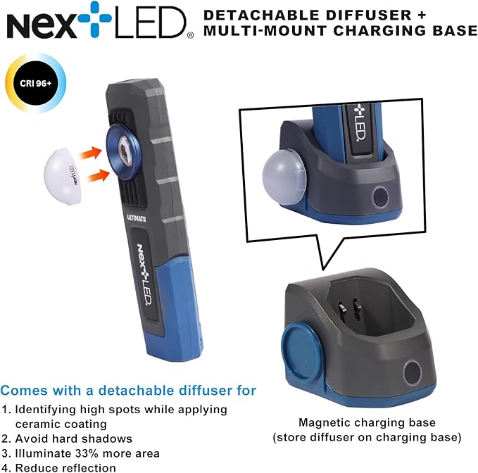 NextLED Ultimate NT-6692M Professional Rechargeable Auto Detailing Light, CRI 96+ Color Match & Ceramic Coating Light, 5 Color Temps, 500 Lumens, W/Light Diffuser, IPX6, 3-Year Warranty