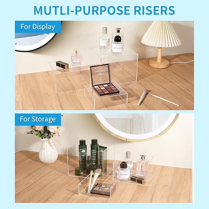 3Pcs Clear Acrylic Risers Display Stand, Buffet Risers with Hollow Bottom, Acrylic Cube Box for Figures Jewelry Perfume Handbag Food Dessert Party Show Christmas Decor(Clear-3pcs)