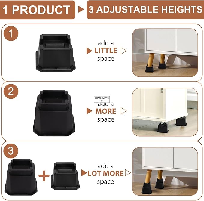 shouwuhho Bed Risers 8 inch, Furniture Risers Elevation in Heights 8 Inch Heavy Duty, Bed Lift Risers for Caster Wheels or Posts of Bed Table Couch, Support up to 6000 lbs, Black, 6 Pack
