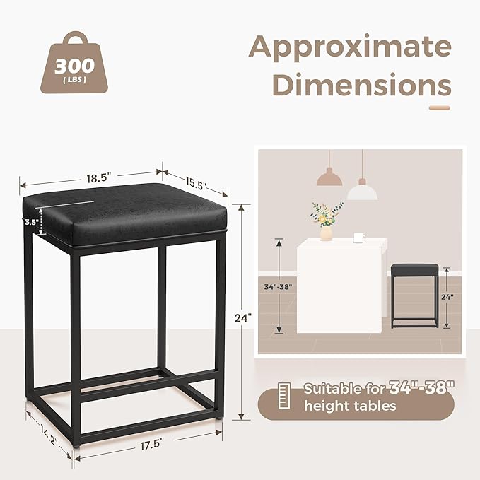 MAISON ARTS Bar stools Set of 4 Black | Counter Height for Kitchen Island | Modern Metal Frame 24" Backless Stools | Faux Leather Upholstered Farmhouse Bar Height Seating