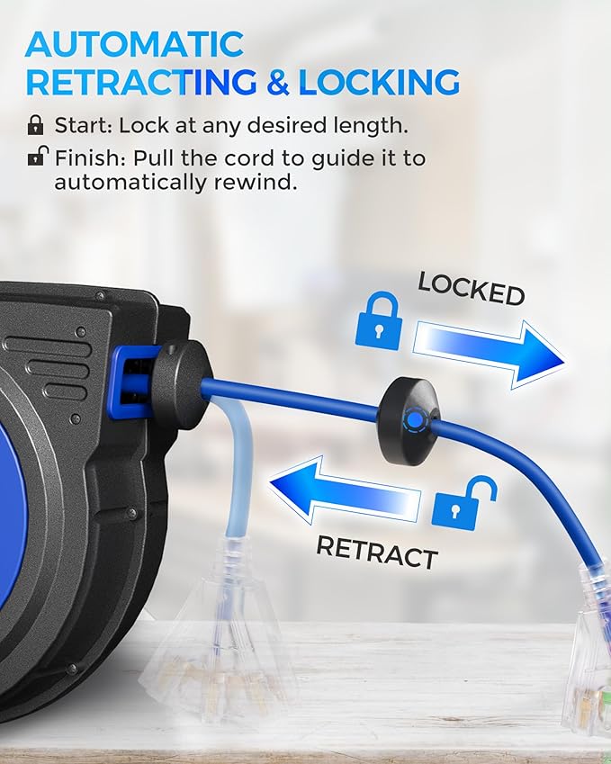 75 FT Retractable Extension Cord Reel, Heavy Duty Extension Cord, 14AWG/3C SJTOW, 3 Grounded Outlets Lighted Triple Tap, 10A Circuit Breaker, Wall/Ceiling Mounted, ETL Listed, Blue U75ACR06