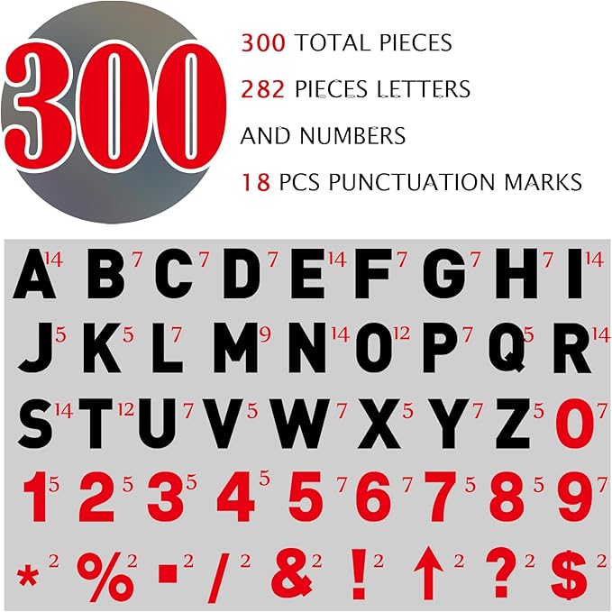 Leinuosen 300 Pcs Sign Letter Printed on Marquee Flexible Outdoor Black Portable Sign Board Plastic Changeable Letters and Numbers Punctuation Acrylic Numbers(4'', 5'')