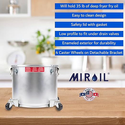 MirOil Oil Disposal Caddy with Caster Wheels (5 Gallon) – Heavy-Duty Steel Filter Pot and Lid Lockfor Commercial Kitchen 35 LB Disposal Storage - Grease Container for Kitchen - Model #40LC