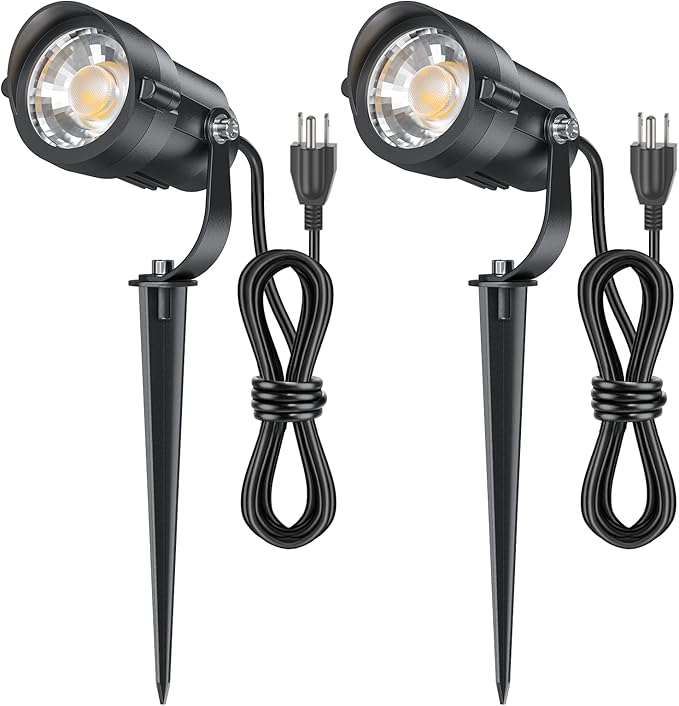 HIBOITEC 12W Spot Lights Outdoor 120V Landscape Lighting Waterproof Spotlight with 4.9ft 3-Plug LED Plug in Landscape Lights for Yard Gardern Decorations 5000K 2Packs
