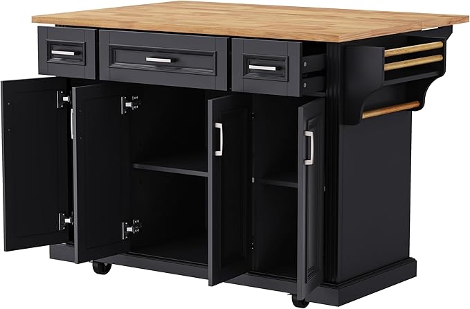Yayzy Rolling Kitchen Island with Drop Leaf, 4 Cabinet Doors, 3 Drawers & Side Storage Racks, Mobile Kitchen Cart with Rubberwood Top & Locking Wheels for Dining Room & Kitchen, 54-Inch, Black