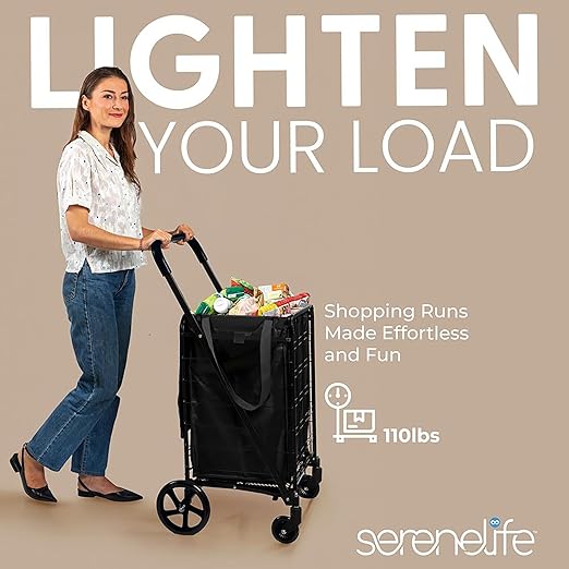 SereneLife Large Folding Utility Shopping Cart with Removable Liner – Heavy Duty, 360° Swivel Wheels, 110 lb Capacity, Portable for Groceries, Laundry, Luggage, and More (Black)