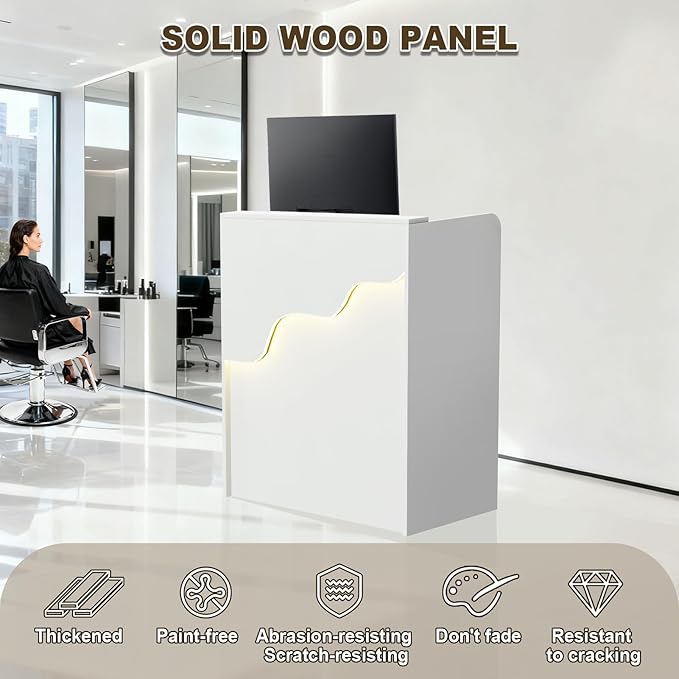 Reception Desk with Counter LED Light, Modern Front Desk with Lockable Drawer, White Retail Checkout Counter for Clothing Store Lobby Beauty Salon (White, 37.8x31.5x15.7in)
