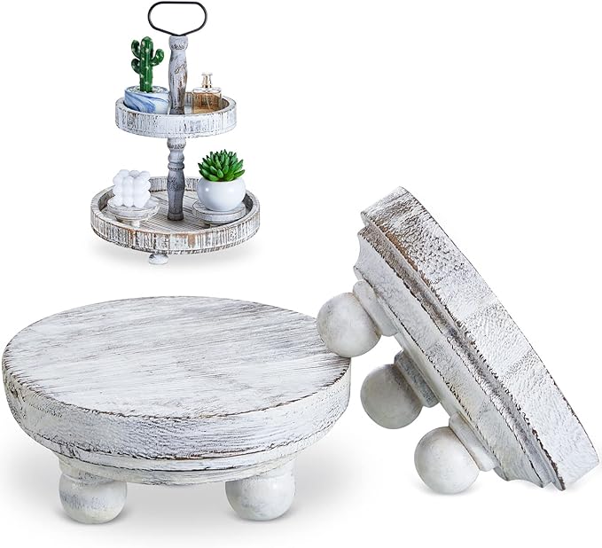 Set of 2 Mini Wood Risers for Decor Round Wooden Riser Small Wooden Stool Display Stand Farmhouse Rustic Wood Pedestal for Plant Pot Tiered Tray Decor Cake Food Collection Display(White)