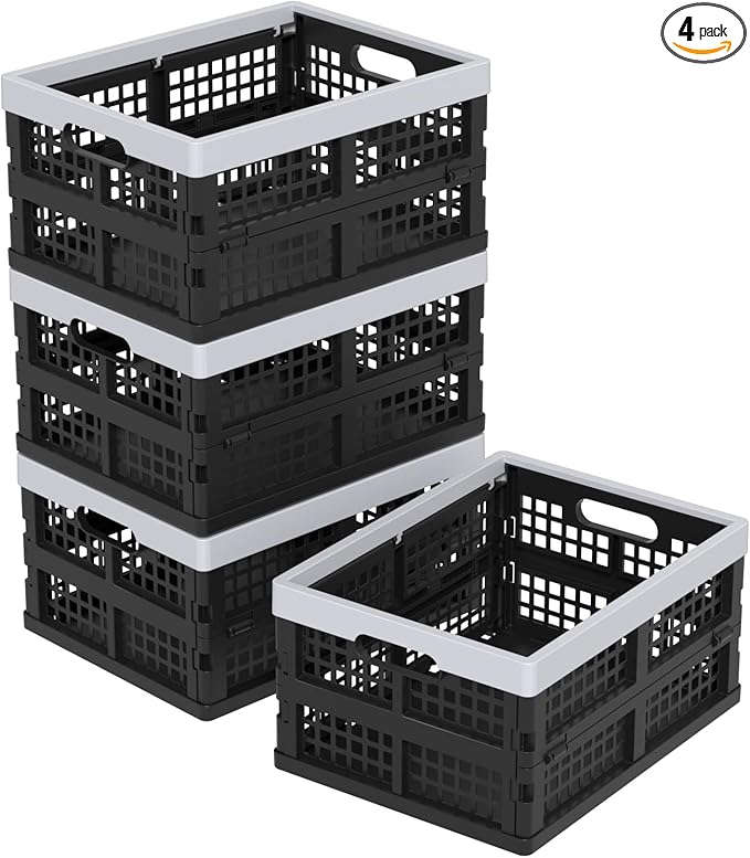 15L Plastic Collapsible Storage Crates, Folding Crates Storage Basket, Pack of 4, Black