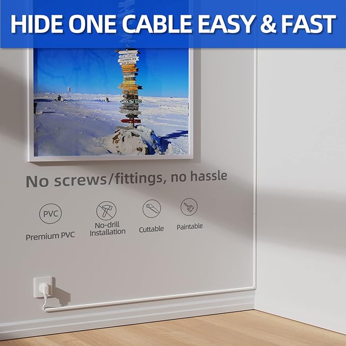 Delamu 128in Cord Hider for 1 Cord, Self-Adhesive Cord Covers for Wires on Wall, Easier Install Wire Covers for Cords on Wall, Cable Wire Hider, Cable Cover Management Raceway, W0.48 H0.3in, White
