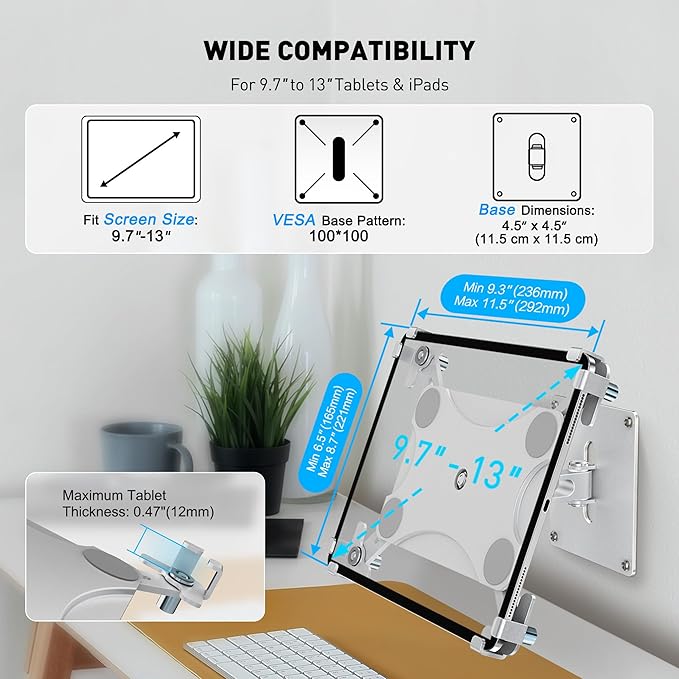 AboveTEK Universal Tablet Wall Mount, Anti-Theft iPad Mount with Locking Enclosure for 9.7"-13" Screen, Heavy-Duty Aluminum Kiosk for Business POS Display, Adjustable 360° Swivel & Tilt VESA Mount