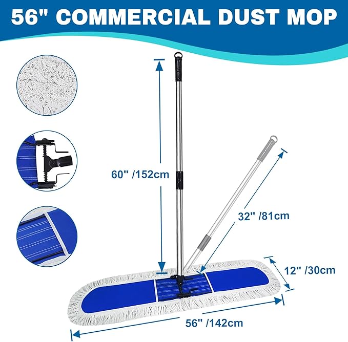 48 inch Commercial Dust Mop for Hardwood Floors, Large Size Dry Mop, Reusable Cotton Yarn Head, Telescopic Stainless Steel Handle, Industrial dust mops for Floor Cleaning, Marble, Blue