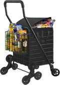 Grocery Shopping Cart with Waterproof Liner Stair Climber Utility Cart Easily Collapsible Cart with Tri-Wheels, 66lb Extended Foam Cover, Trolley for Stair, Laundry, Travel (Black-)