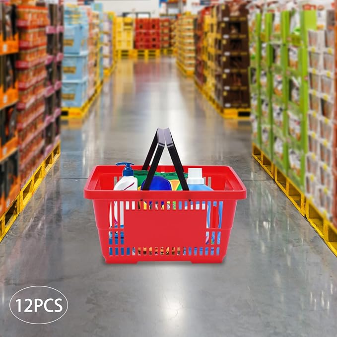 12PCS Red Plastic Shopping Baskets with Handles, Portable Retail Grocery Baskets with Handles, 21L Hand Shopping Baskets Set for Stores, Supermarket, Retail, Groceries Shopping Carrying
