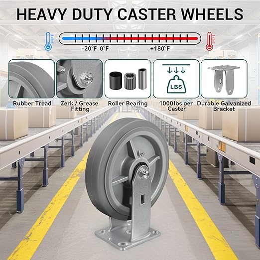 8'' × 2'' Caster Wheels, Heavy Duty Industrial Casters, Rubber Wheels with Roller Bearing, Load 1000lbs per Swivel Caster for Cart Dolly Toolbox Trolley (2 Rigid)