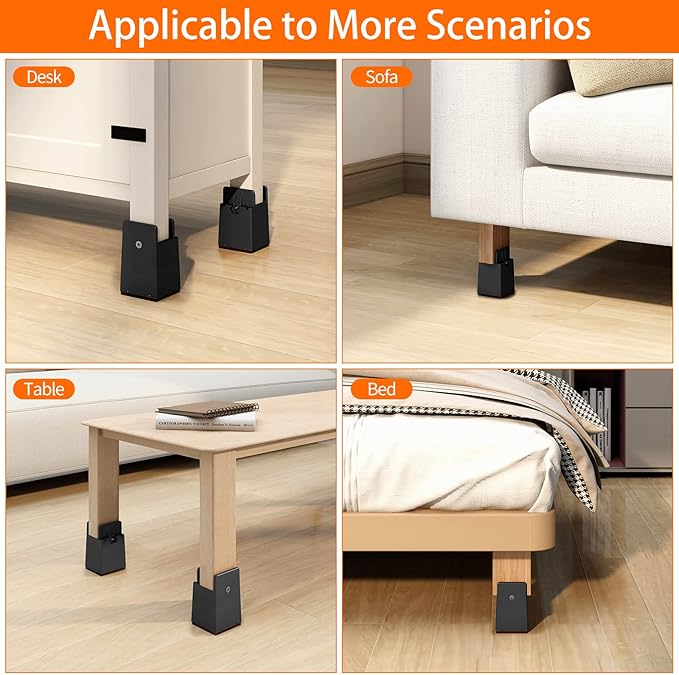 4Pack Bed Risers with Adjustable Screw Clamp, Fit Thickness of Furniture Frame from 0 to 2 Inch, Elevation in Heights 2" Heavy Duty Risers for Lifting Couch Desk Table Cabinet Nightstand, Black