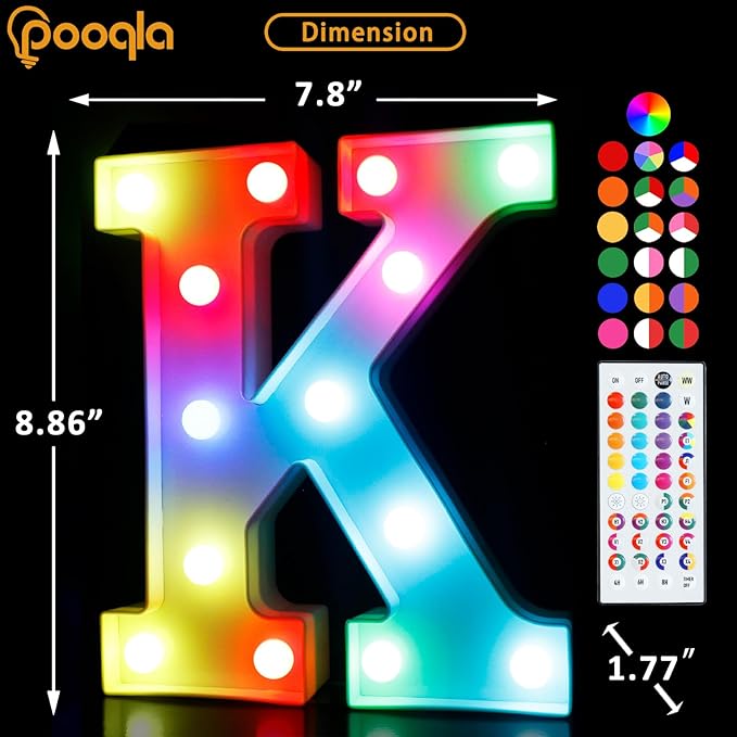 Pooqla Colorful Light Up Letters with Remote, Upgraded 35 Colors LED Marquee Letters, RGB Lighted Letter for Girls Teenager Gift, Birthday, Party, Wedding, Night Light, Room, Bedroom Decor, Letter K