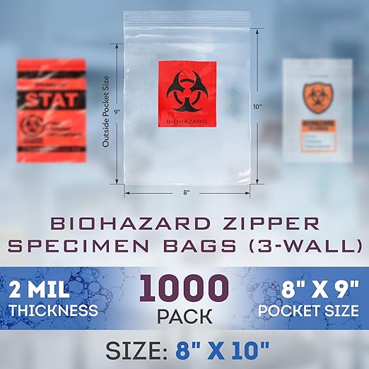 Biohazard Specimen Bags, 8 x 10 Inches. Pack of 1000 Clear Red Zipper Specimen Bags. Recyclable 3-Wall Polyethylene Biohazard Bag. Waterproof 2 Mil Plastic Bag with Zipper