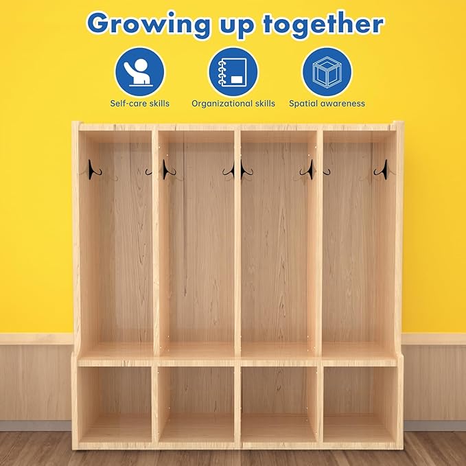 TONGMO Kid's Coat Locker with Bench - 4-Section Toddler-Sized Natural Kids Furniture for Organized Storage (4-Section)