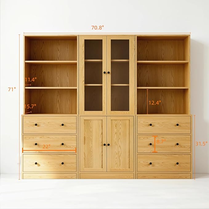 TUSY 71" H Bookshelf Bookcase with Doors, 3-Tier Modern Bookshelves with 3 Large Drawer, Display Bookcase with Glass Doors, Modern 5-Tier Curio Cabinet for Home Office, Dining Room (Wood, ABA)