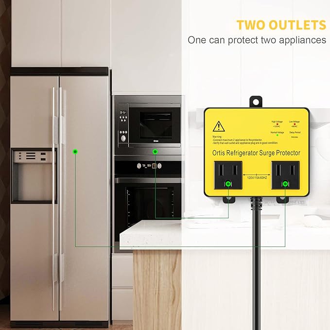 Refrigerator Surge Protector, Ortis Double Outlet Voltage Protector for Home Appliances with Time Delay, Protects Against Brownout, Spike, Instant Surge All Voltage Abnormalities, Yellow
