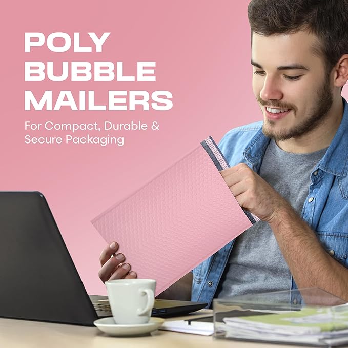 Light Pink 10.5x16 Inch Large Poly Bubble Mailers #5 | Padded Envelopes with Self Seal | Air Lined Cushioned Bubble Mailer | Usable Size 10.5x15 | 100 Pack Bulk | Lightweight shipping Bags