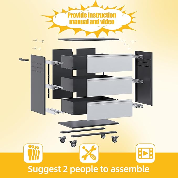 Aobabo Metal Garage Storage Cabinets with Wheels, Steel Cabinet with 3 Drawers for Garage, Warehouse, Home, Assembly Required, Black Silver