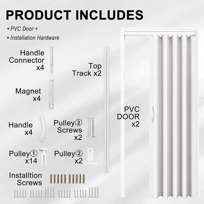 97"-120" x 80" Accordion Doors Interior - Three Installation Options, Vinyl PVC Bifold Accordion Closet Doors, Includes Door & Mounting Hardware, Handle, Temporary Folding Door for Doorway Pantry