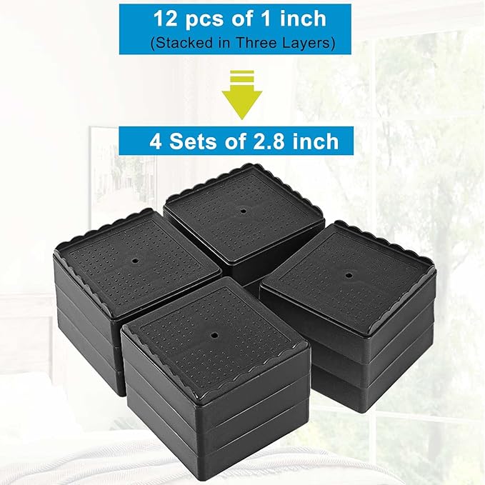 Bed Risers 1 inch, 2 inch, 3 inch, 4 inch Heavy Duty, Adjustable Furniture Riser for Table Desk Couch Sofa Chair Recliner Leg Frame Dorm, Stackable Bed Raisers Blocks (Black 4 Pack, 1+1+1 inch)