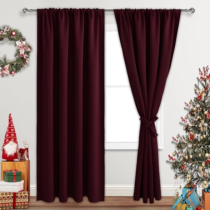 JIUZHEN Christmas Blackout Curtains for Bedroom - Thermal Insulated Room Darkening Noise Reducing, 52 x 84 Inch Length Curtains for Living Room, Set of 2 Panels with Tiebacks, Burgundy