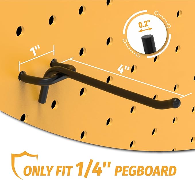 HUHOLE Black Pegboard Hooks 4 Inch, 25PC, Heavy Duty Pegboard Hooks, Fit 1/4" Peg Board