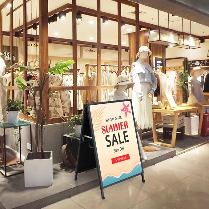 Heavy Duty Slide-in Folding A Frame Sign Sidewalk Sign 24x 36 Inch Sandwich Board Steel Metal Double-Side Pavement sign Corrugated Plastic Poster (24x36 inch(Frame only))