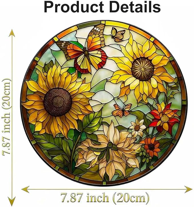 Stained Glass Window Hanging, Sunflower Sun Catcher Glass Panel with Metal Chain, 7.88’’ Indoor/Outdoor Art Decor for Home Garden, Women, Birthday, Christmas, Mother's Day